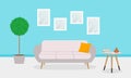 Living room interior with sofa or couch, plant, pictures on the wall. Modern house lounge design. Vector illustration Royalty Free Stock Photo